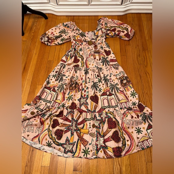 FARM Rio Pink Ruffled Tropical Print Tiered Maxi Dress Balloon Sleeves L - Picture 8 of 13